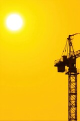 Silhouette of a construction crane against a vibrant yellow sunset, symbolizing progress and development ideal for construction, architecture, or industrial themes in marketing materials,