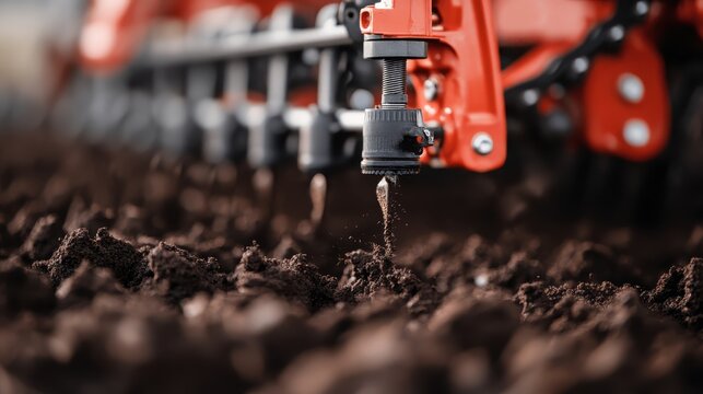 This close-up image features modern farming equipment that efficiently cultivates soil, showcasing the importance of agricultural technology in enhancing productivity for farmers.