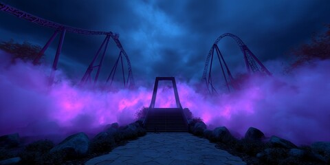 A dramatic and spooky scene of a stone path leading to a dark gate surrounded by glowing purple fog, with roller coasters in the background at night