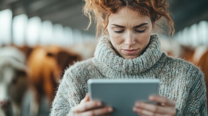 A serene image of a woman in a cozy sweater, focused on a tablet, surrounded by cows in a barn, illustrating the merging of technology and agriculture in modern farming.