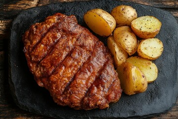 detailed color image of a large piece of fatty fried meat for steak with potatoes