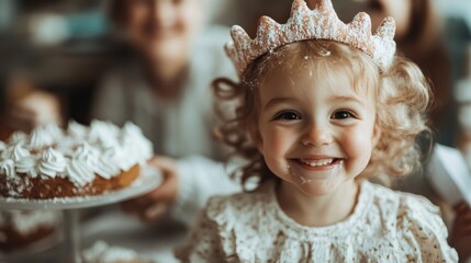A joyful little girl wearing a crown is beaming with happiness, indulging in a birthday cake, capturing the essence of childhood joy and celebration in a delightful moment.