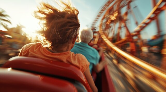 An exhilarating roller coaster ride at sunset captures the thrill of adventure and excitement, as the sun sets beautifully behind the riders, making memorable experiences. - Powered by Adobe