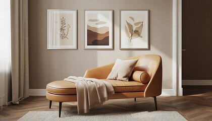 Cozy Scandinavian-inspired living room with chaise lounge, botanical wall art, herringbone floor and minimalist earthy decor in soft natural light

