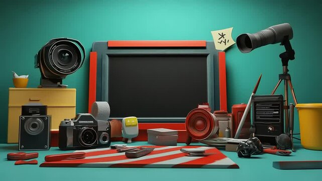 Colorful arrangement of vintage cameras, film equipment, and tools on a teal background