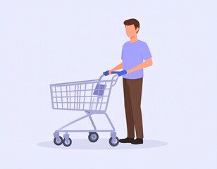 Male Character Pushing Shopping Cart in Minimalist Style on Soft Background