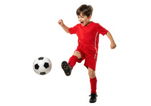 Excited young boy in red sports uniform dynamically kicking a soccer ball with energy and focus.