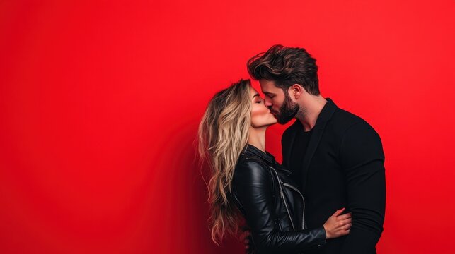 A passionate couple shares a kiss, creating a vivid contrast against a bright red backdrop, emphasizing love, intimacy, and connection in a striking visual statement. - Powered by Adobe