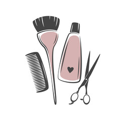 Hairdresser tools. Scissors, brush, shampoo, comb. Beauty salon logo. Vector illustration for banner, cover, marketing.