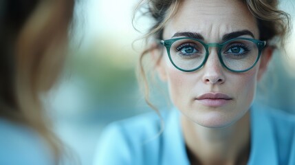 A focused woman with glasses gazes intently, her contemplative expression capturing deep thought and introspection in a serene atmosphere perfect for connection and understanding.