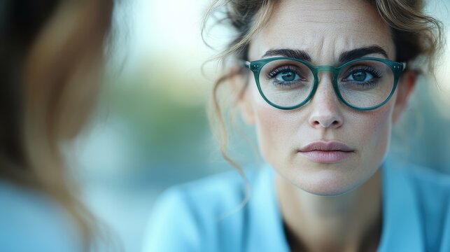 A focused woman with glasses gazes intently, her contemplative expression capturing deep thought and introspection in a serene atmosphere perfect for connection and understanding.