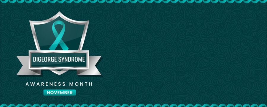 Vibrant DiGeorge Syndrome Awareness Month Banner with Teal Ribbon on Shield, Featuring Swirl Pattern Background for November Health Campaigns and Events.