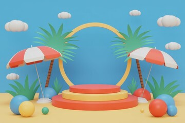3d paper podium beach theme background