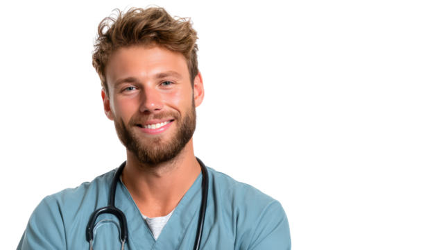 Confident Doctor: A close-up portrait of a male doctor, with a friendly, reassuring smile. Capturing the essence of medical care.