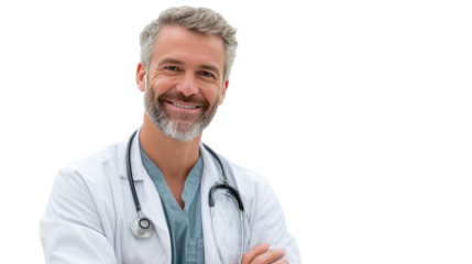 Smiling Doctor Portrait: A confident and compassionate medical professional, stethoscope around his neck, offers a reassuring smile, embodying health and trust in this close-up shot.