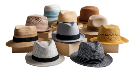 Elegant Collection of Hats: A diverse array of stylish hats are artfully arranged, each one a unique emblem of fashion and functionality, offering a variety of textures, colors, and designs.