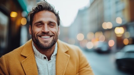 Fototapeta premium A charming man in a yellow coat exudes warmth and confidence while smiling in an urban environment, encapsulating a moment of happiness amid the bustling city life.