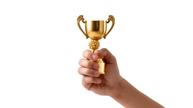 Golden Trophy: A single hand confidently clutches a golden trophy. Symbolizing achievement, reward, and the culmination of effort, it signifies triumph and success. 