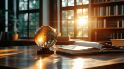 A captivating glass globe is beautifully lit by the warm sunlight streaming through windows, creating a magical study ambiance perfect for inspiration and exploration.