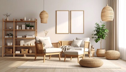 Cozy Living Room Interior Design with Rattan Furniture with Plants and Natural Light.