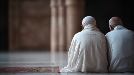 Two elderly individuals sit side by side in serene contemplation, wrapped in white garments, embodying wisdom and peace in a timeless moment of companionship.