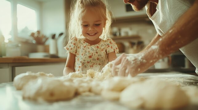 A young child eagerly participating in baking alongside a parent, capturing the warmth and joy of family bonding through the delightful experience of cooking together. - Powered by Adobe