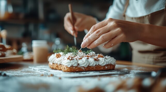 A skilled baker meticulously decorating a cake with frosting and garnishes, highlighting the dedication and artistry involved in baking and dessert creation. - Powered by Adobe