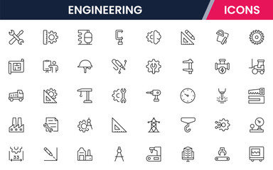 Vector illustration web line icon collection for engineering tools, blueprints, gears, and technical symbols in a precise, modern, and innovative design style.