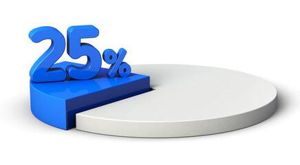 25% blue and white pie chart isolated on transparent background. 3d illustration.