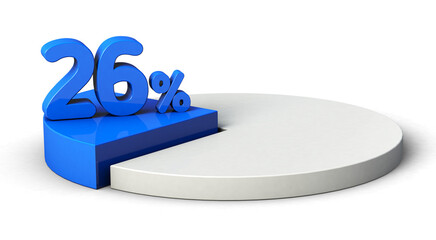 26% blue and white pie chart isolated on transparent background. 3d illustration.