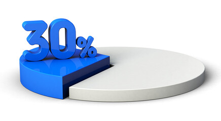 30% blue and white pie chart isolated on transparent background. 3d illustration.