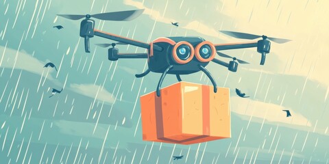 A whimsical illustration of a drone delivering a package in the rain, showcasing innovations in delivery services and logistics.