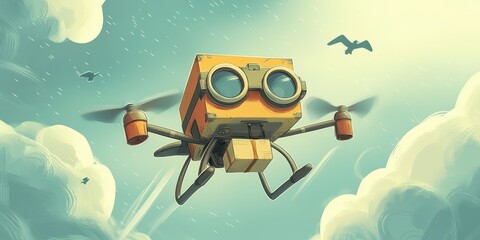 A whimsical flying drone with a boxy design, delivering packages against a dreamy sky. Perfect for e-commerce, technology, and creative projects.