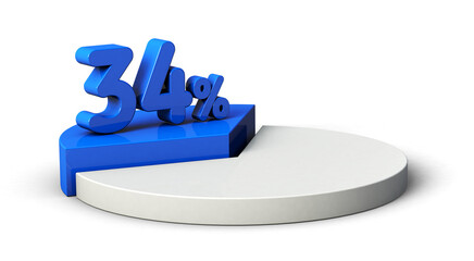 34% blue and white pie chart isolated on transparent background. 3d illustration.