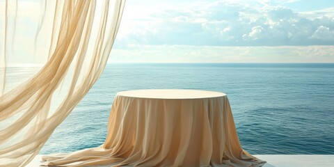 Serene ocean view with a beautifully draped table, perfect for events, weddings, or culinary presentations in a coastal setting.