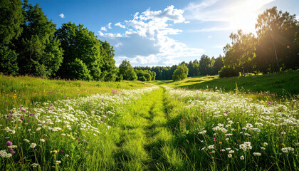 Obraz premium Lush green meadow filled with wildflowers under bright sky