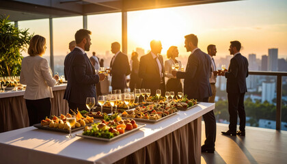 Elegant business event with appetizers and sunset view, creating warm atmosphere