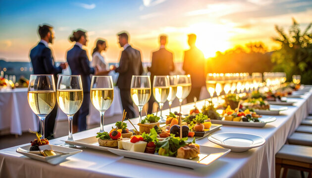 Elegant business event with appetizers and sunset view, creating warm atmosphere