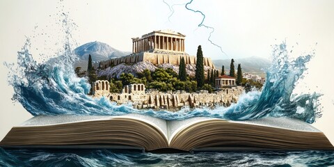 A creative visualization of an open book transforming into a landscape of ancient Greece, symbolizing knowledge, history, and the power of storytelling.