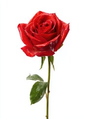 Single Red Rose with Water Droplets on White Background