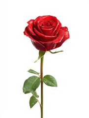 Single Red Rose with Water Droplets on White Background