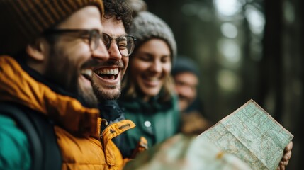 A group of joyful friends laughing and exploring nature while examining a map, capturing the spirit of adventure, camaraderie, and the joy of shared experiences outdoors.