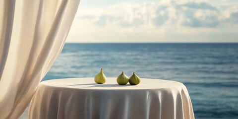A serene seaside setting featuring fresh fruits on a table, perfect for highlighting wellness, relaxation, or culinary themes in marketing materials.