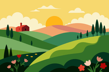 Fototapeta premium vector illustration of a rural landscape with trees