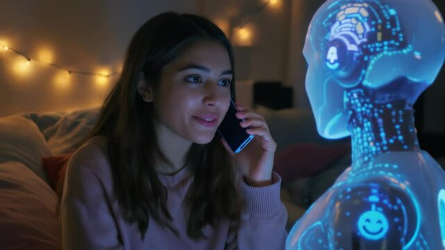 Young Woman With Pink Sweater Talking On Phone Next To A Smiling Digital White Robot In A Warm Lit Room With String Lights With A Futuristic Theme