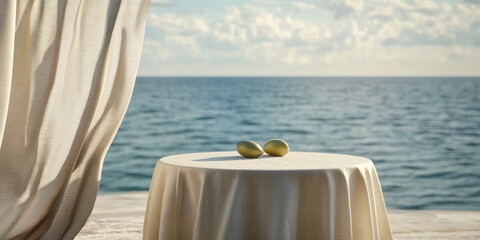 A serene coastal scene featuring a simple table adorned with a tablecloth and two limes, set against a tranquil ocean backdrop. Perfect for hospitality and lifestyle themes.