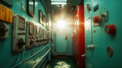 This industrial control room image captures the essence of technology and functionality, showcasing an array of gauges and machinery, bringing a sense of engineering excellence.
