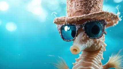 A humorous seahorse wearing sunglasses and a straw hat looks ready for a beach day, capturing the whimsy and charm of marine life, blending humor and nature in a fun depiction.