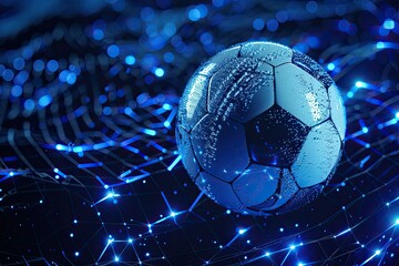 Detailed Image of Soccer Ball with Blue Technology Background for Sports Tech Concepts