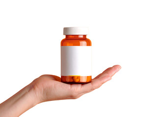 A hand holding an orange pill bottle with a blank label, filled with medication.